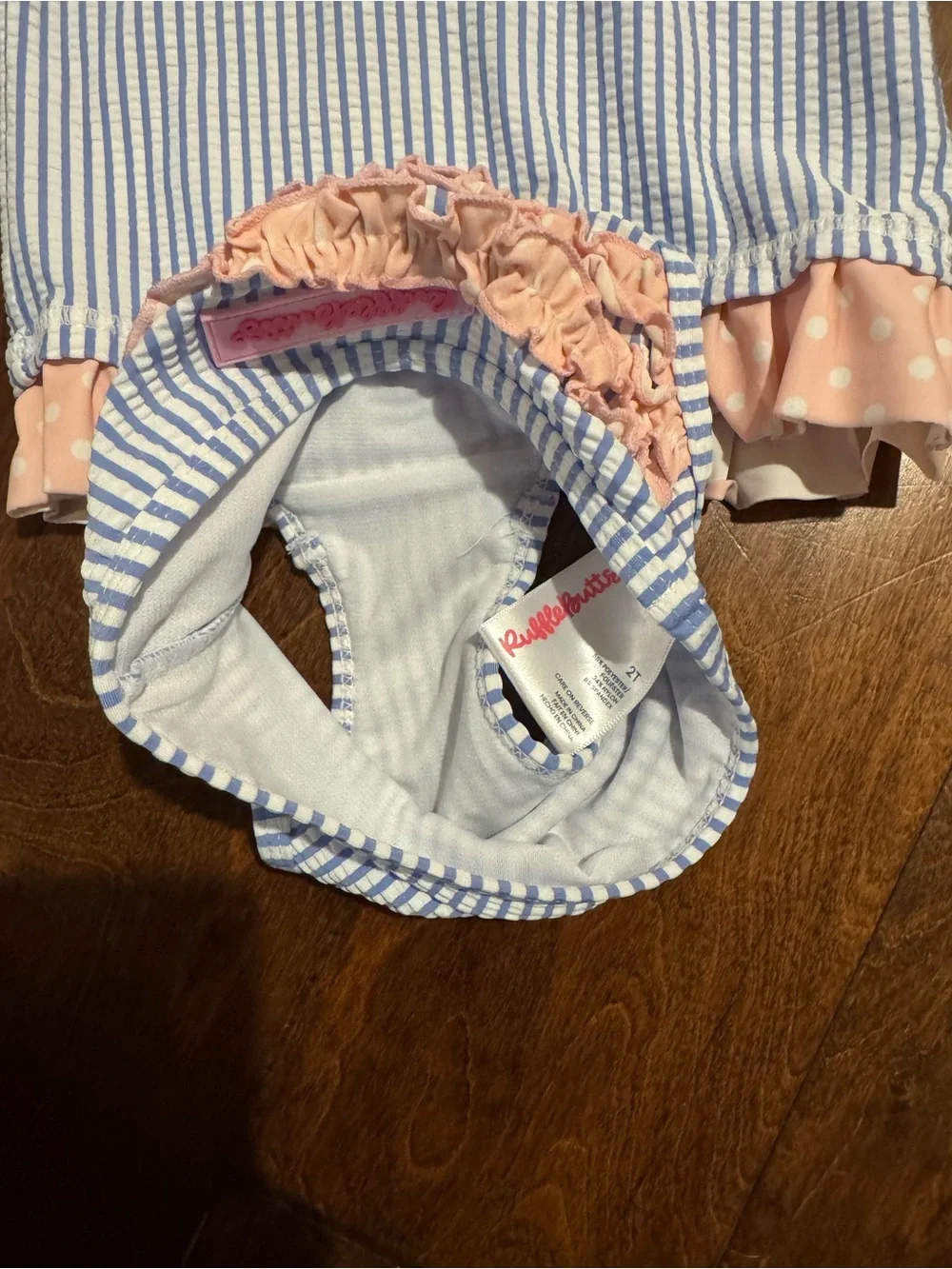 Ruffle Butts Blue and White Striped Girls Rash Guard Bikini with Pink Trim
